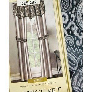 Interiors Design NIP New 5 Pc Set Window Treatment Curtains Drapes Gray Black